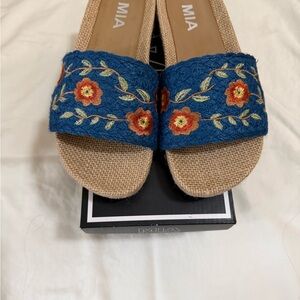 MIA Blue Embroidered Floral Slide Mules with Orange Flowers
